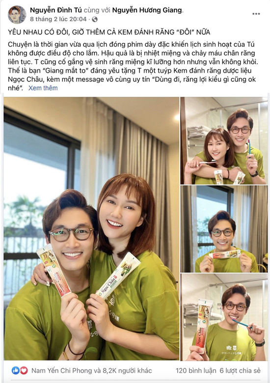 Đình Tú tự hào khoe Kem đánh răng dược liệu Ngọc Châu được người thương tặng trên trang facebook cá nhân